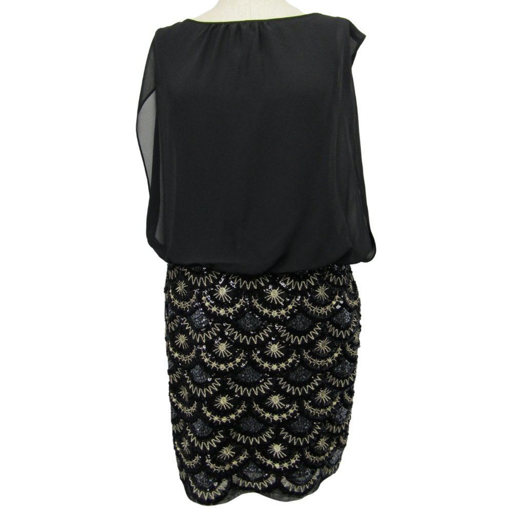 Aidan Mattox Black Chiffon Stretch Sequined Blouson Dress Size 6